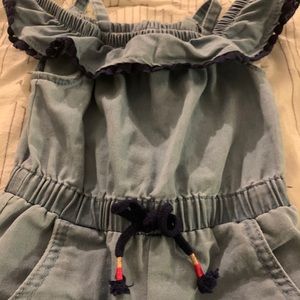 denim one piece w/ cinched waist and ruffle collar